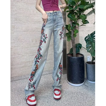 2023 Proljeće-ljeto Ženske Široku traper hlače s vezom, ženske jesen vintage traper hlače s cvjetnim ispis