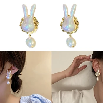 Biserne naušnice s Rabbit, sjajna Viseće naušnice, Moderan Korejski nakit poklon