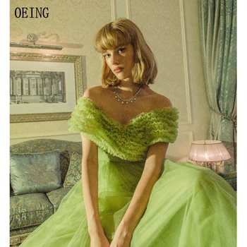 Bogata haljina od tila Dužine do ankles, zeleno, sa volanima, s otvorenim ramenima, haljina za prom, Vestidos