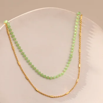 CCGOOD Стековое ogrlica s dvostrukim lancem od zelenog kristala, Ogrlice od perli, zlatna boja 18 K, kvalitetan metalni nakit za žene, Bižuterija