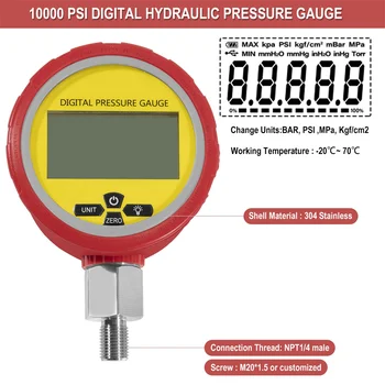 Digitalni hidraulični manometar 10000 funti po kvadratnom inču / 700 bar s 1/4-inčni utor NPT sa senzorom, zaštitni poklopac prtljažnika, 4-znamenkasti LCD-zaslon