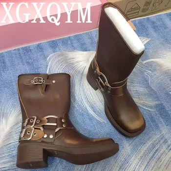 Dizajn 2023 godine, Novi kaubojske čizme u western stilu u retro stilu smeđe boje s metalnim kopčama, Ženske cipele na ravnim cipelama s okruglim vrhom, Čizme do koljena, Ženska moda