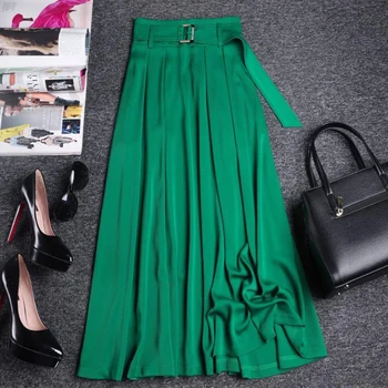 Elegantan Ured za Ženska Zelena Dugačka suknja za žene 2023, Ljetna Korejski jednostavna Monotono suknja Trapeznog oblika s pojasom i visoka struka, Suknja Midi, Ženska