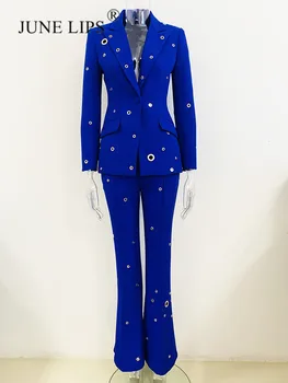 JUNE LIPS 2023, Novi dizajn moderan komplet za modnu pistu, moderan облегающий odijelo s metalnim zakovicama i rupama, hlače spaljene, komplet od 2 predmeta