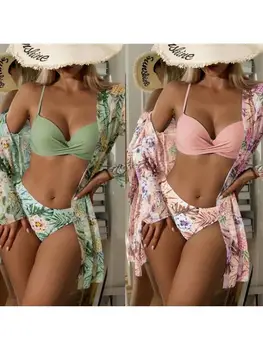 Kit Bikini s upletena cvijet i niska struka, Ženski kupaći kostimi iz tri dijela dugi rukav 2023, plažu za kupanje, Suknja s po cijeloj površini, Bikini goddess Sw