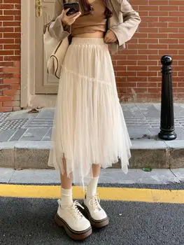 Korejski ljetne ženske bež tanak nabrane mreže biseri midi Suknja berba visoka elastična struk Vila stranke nepravilnog Suknja-trapeza