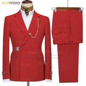 Luksuzne Modne crvene muške setove, kostime za proslave Vjenčanja, sportska jakna za mladoženju, šivana po mjeri, Hlače, 2 komada, službene večernje poslovnih odijela za Povratak kući