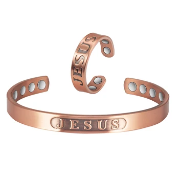 Magnetni kombinaciji narukvica i prsten od čistog bakra Wollet 99,99% Simboliziraju dobre blagoslov Isusa Krista, dar u obliku kršćanskog križa
