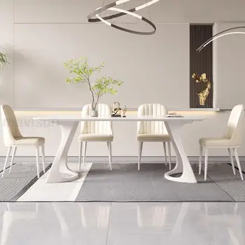 Minimalistički stol s okruglim kutovima 140 cm-180 cm, radna ploča od kamene ploče, osnova od nehrđajućeg čelika, Dizajnerski stol i stolice