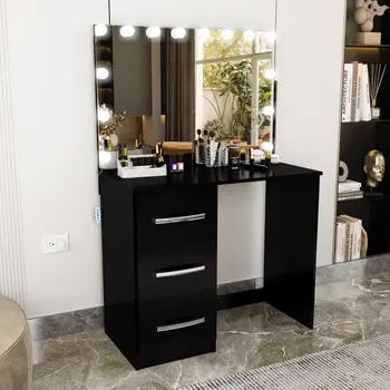 Moderni toaletni stol Ava Pro, žarulje, 3 klizni sandučića, Ogledalo, obojeno u crnu boju, za spavaće sobe