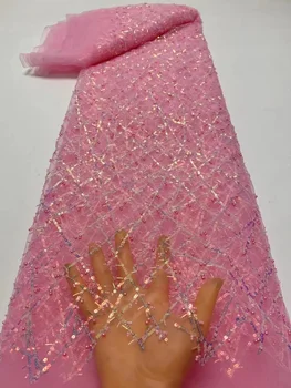 Najnoviji Pink afrička cvjetne čipke tkanina, Kvalitetan vez Mladoženja iskre Za žene, vjenčanica, Mrežaste tkanine od perli, 5 metara