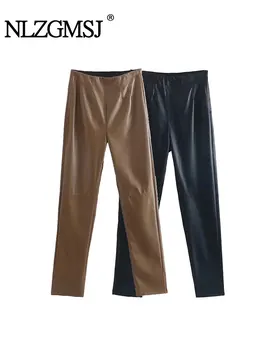 Nlzgmsj TRAF 2023, jesensko-zimske ženske hlače od umjetne kože, ženske crnci bež флисовые hlače od umjetne kože na munje, uske elastične hlače-olovka