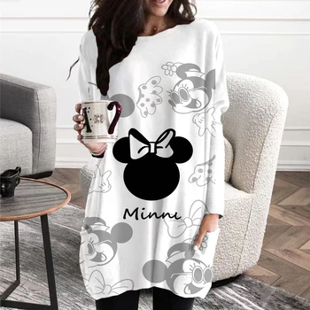 Nova majica s dugim rukavima i po cijeloj površini Disney Mickey, jesensko-zimsko Svakodnevno Ženske haljine srednje dužine sa džepovima