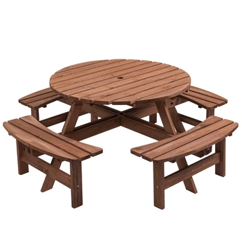 Okrugli drveni stol za piknik na 8 osoba sa 3 ugrađenim klupama za domaće vrt, povrtnjak u dvorištu, siva
