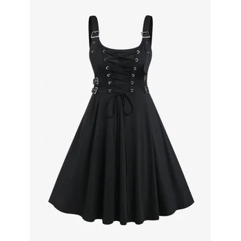 ROSEGAL Plus Veličina, crna večernja haljina sa visokim strukom dužine do koljena za žene, Gotički haljine s kopčama čipka-up, haljine bez rukava s otvorenim leđima, Vestidos