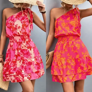Seksi ljetno haljina na jedno rame, Ženske haljine s cvjetnim ispis, Casual Moda 2023, Duga haljina