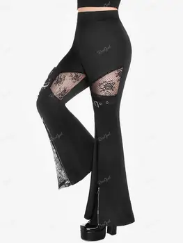 Spaljene hlače ROSEGAL čipkom umetanja u gotičkom stilu, buckle, print, munje, crne hlače spaljene s fleksibilnim gumicu oko struka za žene, hlače Mujer