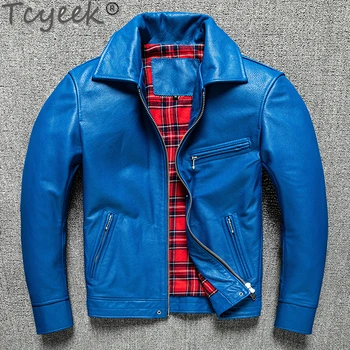 Tcyeek/Proljeće-jesen muška jakna od prave kože, Plavo kaput od meke bičevati s gornjim slojem, Modne muške kožne jakne, приталенные