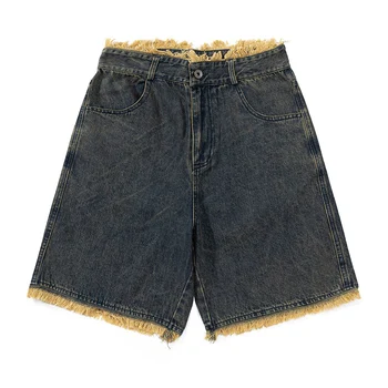 Vintage Traper kratke hlače s кисточками, Gospodo Ljetnim Plave Ravne Traper Kratke hlače, Uličnu Odjeću u stilu hip-hop, Kratke hlače Y2K