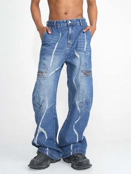 Y2k Poderane Traperice Gospodo Ulične Muška Traper hlače Teretni Svakodnevne izravne hlače s velikim džep Vintage