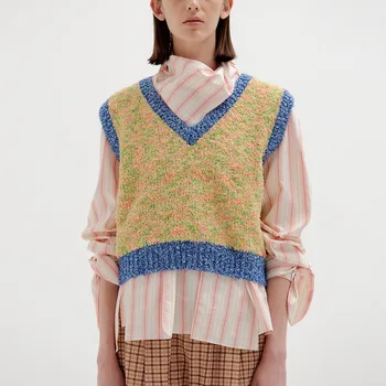 Ženski džemper 2023, Jesen-zima, Slobodan dan-to-dan pamuk pletene Prsluk s V-izrez